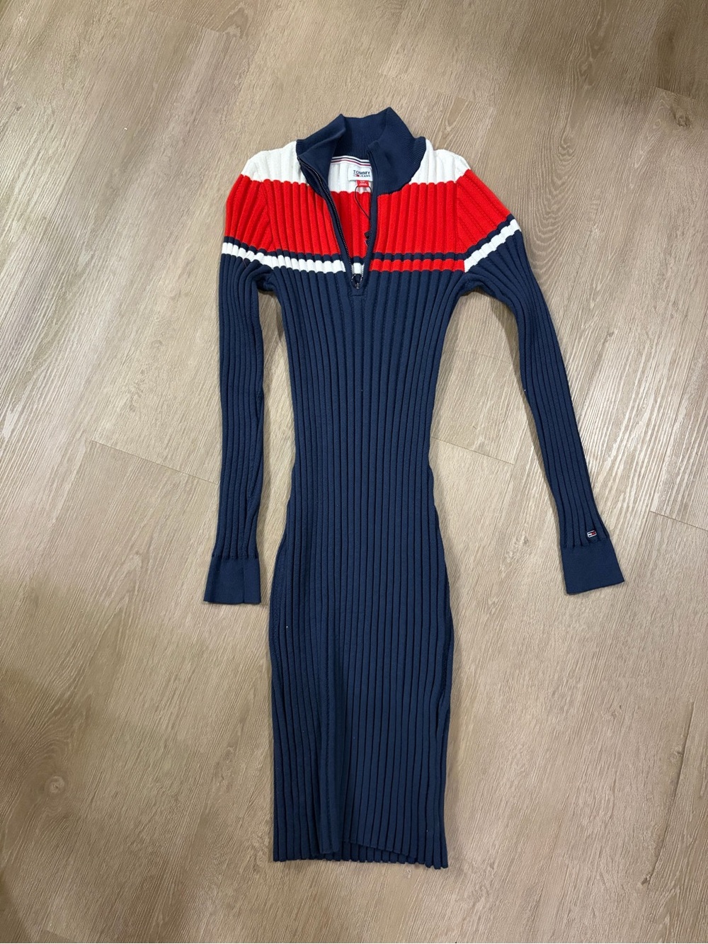 Tommy Hilfiger Navy, Red & White Ribbed Zip-Front Sweater Dress